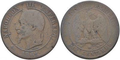 ФРАНЦИЯ 10 САНТИМОВ 1862 BB, НАПОЛЕОН III (1852-1870) KM 798.1, LA FRANC 134.6 бронза 114-1235