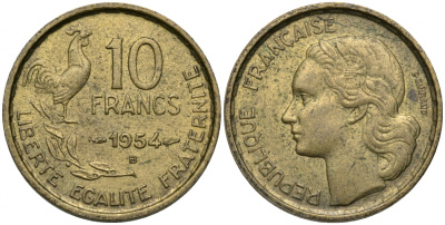 Франция 10 франков 1954 В, петух KM 915.2, Le Frank 363.11 алюминиевая бронза 51-2614