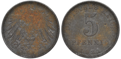 ГЕРМАНИЯ 5 ПФЕННИГОВ 1921 A KM 19, J. 297 железо 45-1218