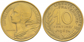 ФРАНЦИЯ 10 САНТИМОВ 1963 ТИП MARIANE KM 929, LE FRANC 144.3 алюминиевая бронза 44-964