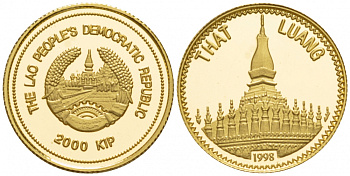 Лаос 2000 кипов 1998 Тхат-Луанг, древняя столицы Лаоса KM 68 золото PROOF 02-117-36