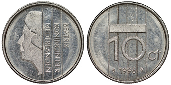 НИДЕРЛАНДЫ 10 ЦЕНТОВ 1996 БЕАТРИКС KM 203 никель 71-455