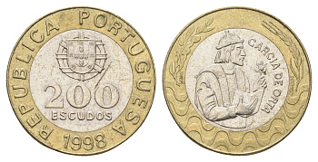 Португалия 200 эскудо 1998 Педру Нуниш (1502-1578), математик KM 645 биметалл  aUNC  4660-336