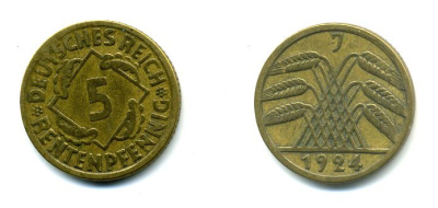 ГЕРМАНИЯ 5 РЕНТПФЕННИГОВ 1924 J J. 308, KM 32 алюминиевая бронза 46-2068