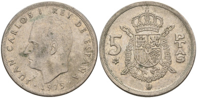 Испания 5 песет 1975 (80) Хуан Карлос I (1975-2014) KM 807 медно-никель 4155-716