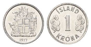 Исландия 1 крона 1977 KM 23 алюминий UNC 4687-769