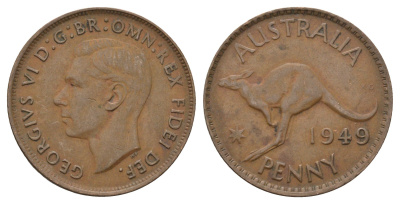 Австралия 1 пенни 1949 Кенгуру, Георг VI (1936-1952) KM 43 бронза 4526-1226