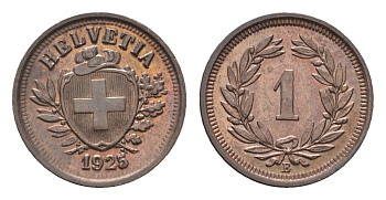 Швейцария 1 раппен 1925 B KM 3.2 бронза aUNC 1529-944