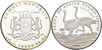 Сомали 10000 шиллингов 1998 фауна Африки, страусы KM 43 серебро PROOF 04-138-35