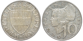 АВСТРИЯ 10 ШИЛЛИНГОВ 1957 KM 2882 серебро 4178-1134