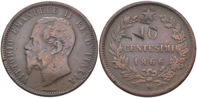 ИТАЛИЯ 10 ЧЕНТЕЗИМО 1866 М, ВИКТОР ЭММАНУИЛ II (1861-1878) KM 11.1 медь 114-613