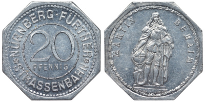 Германия, Нюрнберг - Фюрт 20 пфеннигов ND трамвайный жетон, Мартин Бехайм алюминий UNC 4119-717