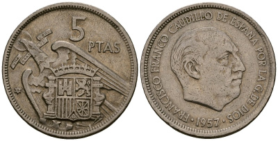 Испания 5 песет 1957 Франсиско Франко (1939-1975) KM 786 медно-никель 4176-442