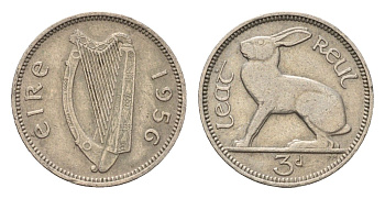 Ирландия 3 пенса 1956 заяц KM 12a медно-никель 4690-318