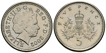 Великобритания 5 пенсов 2002 Елизавета II (1952-2022) KM 988, Spink 4670 (D5) медно-никель 4173-765