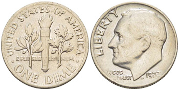 США 10 ЦЕНТОВ = 1 ДАЙМ 1972 РУЗВЕЛЬТ KM 195а медь плакированная медно-никелем 4519-531