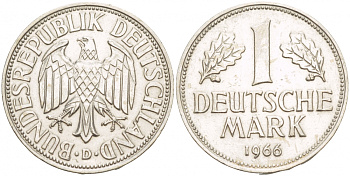 ФРГ 1 МАРКА 1966 D KM 110, J. 385 медно-никель 4544-243