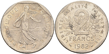 Франция 2 франка 1982 сеятель, тип Semeuse KM 242.1, Le Franc 272.6 никель 4116-1152