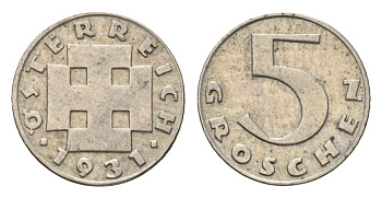 Австрия 5 грошей 1931 KM 2846 медно-никель 4669-1233