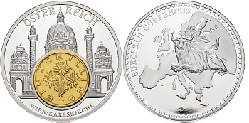 Нидерланды медаль 2002 серия первые монеты еврозоны, 54 гр., 50 мм.,с сертификатом, Португалия, 2 евроцента  серебрение  PROOF  06-027-33