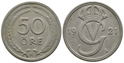 Швеция 50 эре 1921 W Густав V (1907-1950) KM 796 медно-никель 76-744