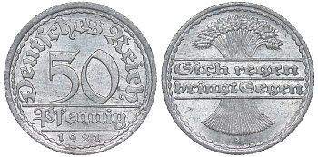 Германия 50 пфеннигов 1921 A KM 27, J. 301 алюминий aUNC 4114-552