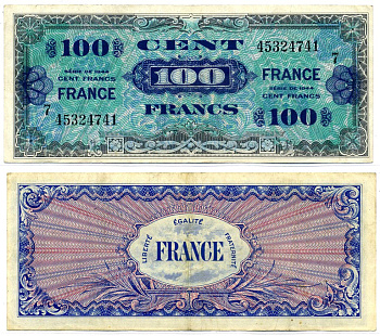 Франция 100 франков 1944 блок 7, второй выпуск Pick 129c бумага 7220-65-1-2