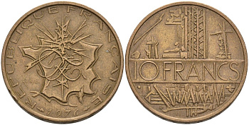 Франция 10 франков 1976 тип Матье KM 940, Le Franc 365.7-8 никель латунь 4572-1133