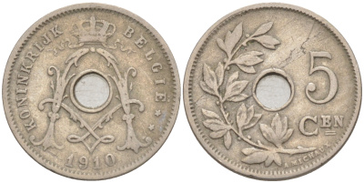 БЕЛЬГИЯ 5 САНТИМОВ 1910 BELGIE KM 67 медно-никель 187-962