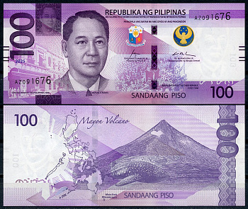 Филиппины 100 писо 2025 Мануэль Акунья Рохас, вулкан Майон, китовая акула Pick 232A  бумага  UNC (пресс) 450-50-3