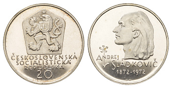 Чехословакия 20 крон 1972 100 лет со дня смерти Андрея Сладковича (1820-1872) KM 76 серебро  PROOF  1085-10-14