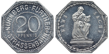 Германия, Нюрнберг - Фюрт 20 пфеннигов ND трамвайный жетон, Ганс Сакс алюминий UNC 4119-542