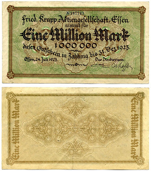 Эссен 1000000 марок (1 миллион) 1923 24 июля 1923 - 31 декабря 1923, нотгельд, земля Северный Рейн-Вестфалия, НОМЕР ЧЕРНЫЙ Keller 1429е бумага 7191-43-1-2