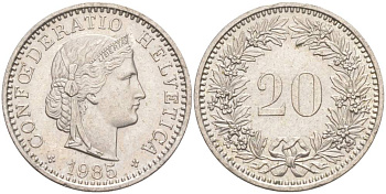 Швейцария 20 раппенов 1985 KM 29a медно-никель 55-1023