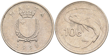 Мальта 10 центов 1998 золотая макрель KM 96 медно-никель 4588-255