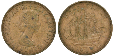 Великобритания 1/2 пенни 1965 Елизавета II (1952-2022) KM 896, Spink 4158 бронза 4681-631