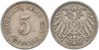 Германия 5 пфеннигов 1908 A KM 11, Jager 12, Weege 6 медно-никель 4151-464