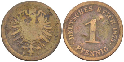 ГЕРМАНИЯ 1 ПФЕННИГ 1875 D, СТАРОГЕРБОВКА KM 1, J. 1, Weege 1 медь 206-1036