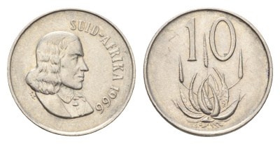 ЮАР 10 центов 1966 Ян ван Рибек (1619-1677), Suid Africa, легенда на африкаанс, цветок алоэ KM 68.2 никель 4694-559