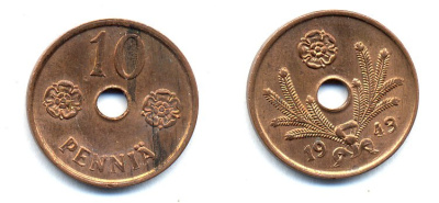 ФИНЛЯНДИЯ 10 ПЕННИ 1943 KM 33.1 медь 51-5039