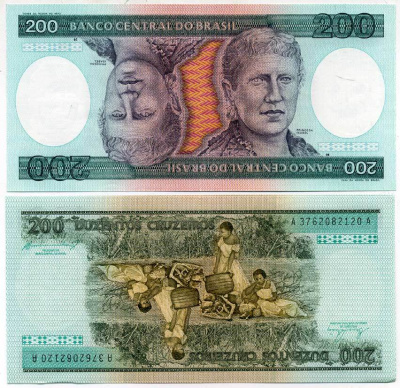 БРАЗИЛИЯ 200 КРУЗЕЙРО 1984 ПОДПИСЬ 21, СЕРИЯ А 3762, ПРИНЦЕССА ИЗАБЕЛА Pick 199b бумага UNC (ПРЕСС) 7551-25-1-1