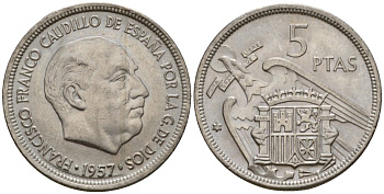 Испания 5 песет 1957 (69) Франсиско Франко (1939-1975) KM 786 медно-никель 186-651