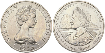 Гибралтар 1 крона 1980 80 лет со дня рождения Королевы Матери KM 11 медно-никель UNC 1066-3-11