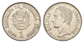 Венесуэла 1 боливар 1990 Симон Боливар Y 52a.2 сталь плакированная никелем 4662-922