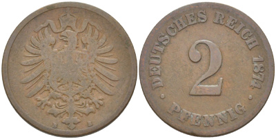 ГЕРМАНИЯ 2 ПФЕННИГА 1874 B, СТАРОГЕРБОВКА KM 2, J. 2, Weege 3 медь 4181-523