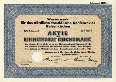 Германия 100 рейхсмарок 1941 Гидротехнические сооружения для угольного месторождения Гельзенкирхен в Северной Вестфалии, акция   бумага   8802-39-1