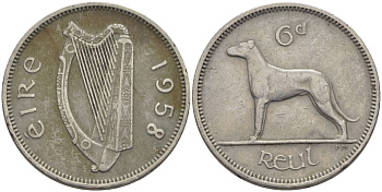 ИРЛАНДИЯ 6 ПЕНСОВ 1958 СОБАКА KM 13а медно-никель 177-944