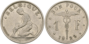 Бельгия 1 франк 1929 BELGIQUE KM 90 никель 210-727