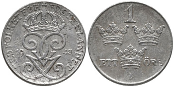 Швеция 1 эре 1943 Густав V (1907-1950) KM 810 железо 188-1252