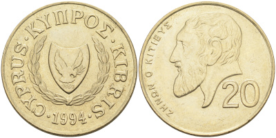Кипр 20 центов 1994 Зенон Китийский KM 62.2 никель латунь    4595-943